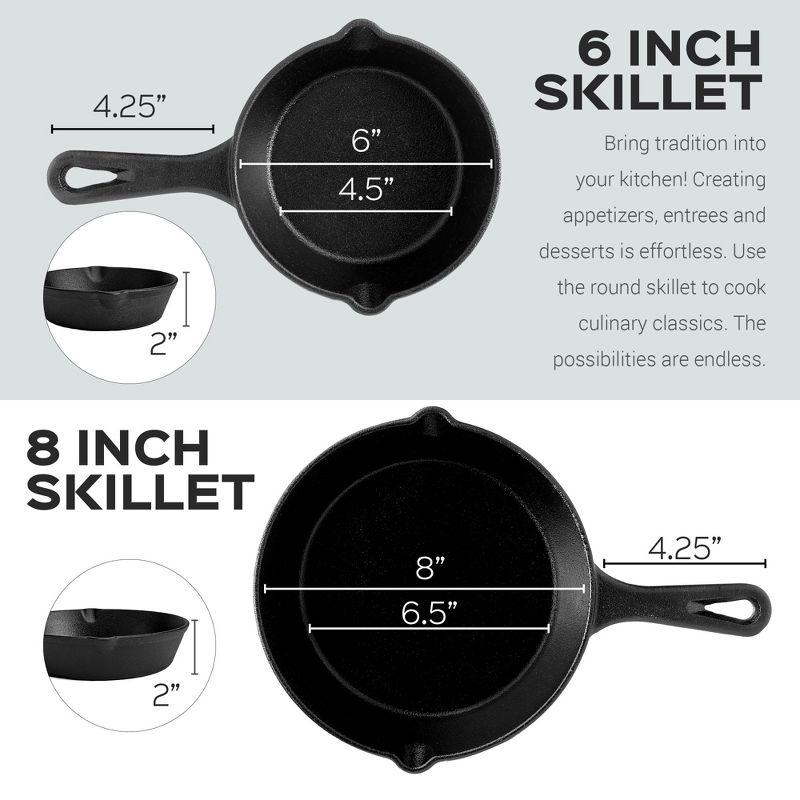 Cuisinel C12606-8-10-12 Indoor Outdoor 6 Inch, 8 Inch, 10 Inch, and 12 Inch Pre Seasoned Cast Iron Skillet Frying Pan Cookware Set with Handle Covers