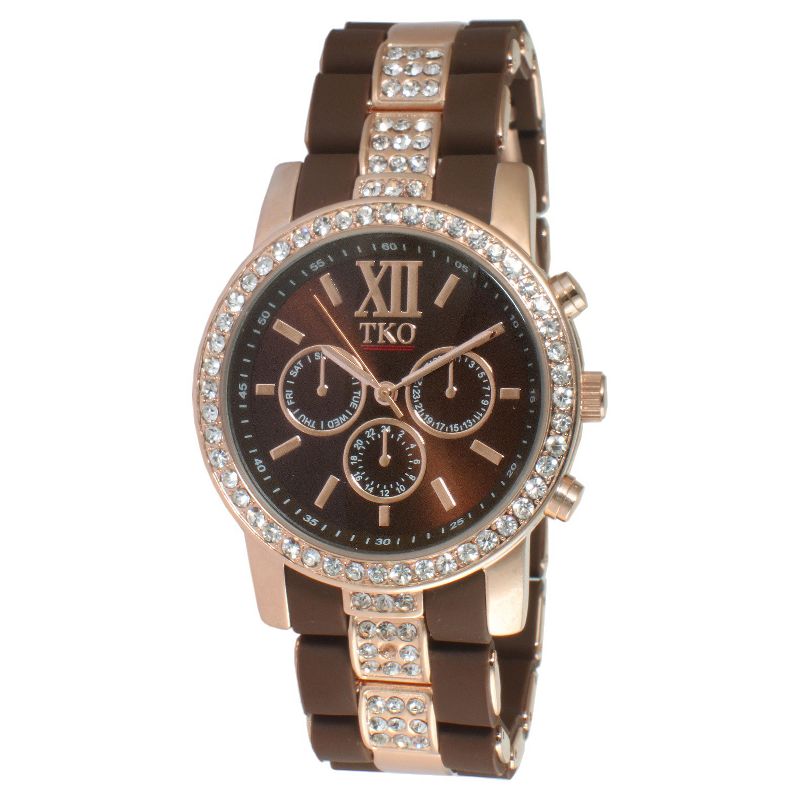Women's TKO Crystal Bezel Multiple Function Calendar Bracelet Watch - Brown