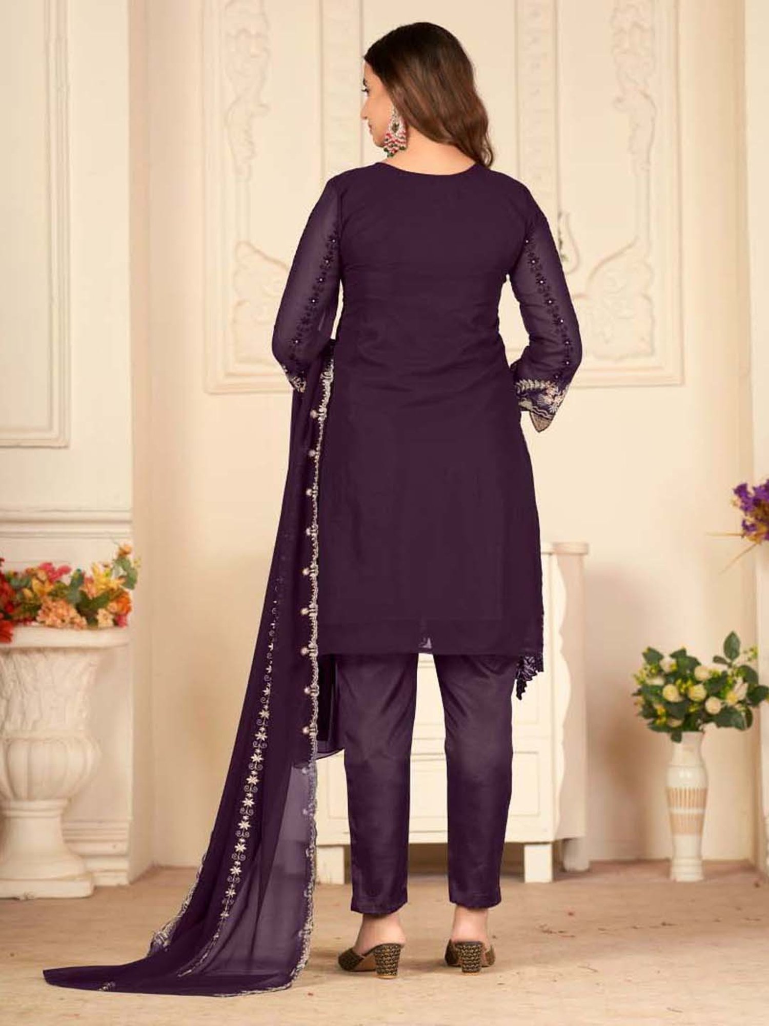 Warthy Ent Purple Embroidered Semi Stitched Dress Material