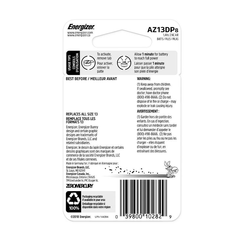 Energizer 8pk 13 Hearing Aid Batteries Orange