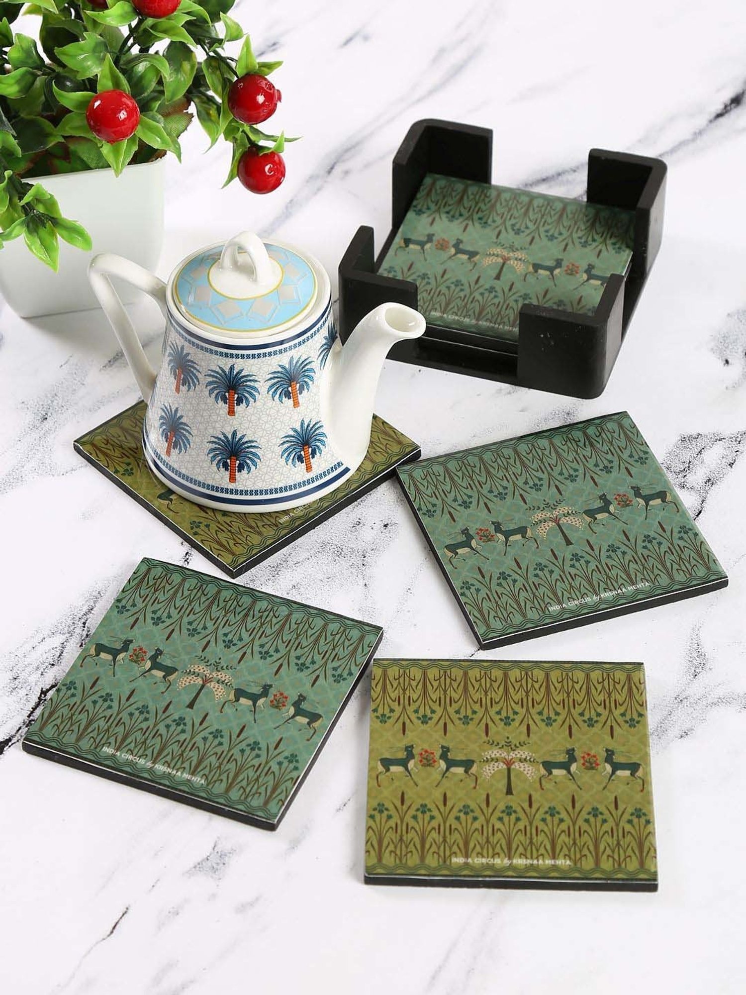 India Circus by Krsnaa Mehta Multicolor Mdf Mirroring Deer Garden Table Coaster - Set of 6