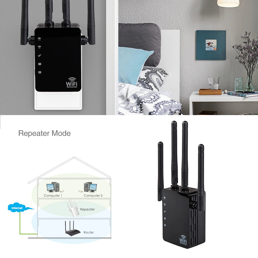 1200Mbps Dual Band AC Wireless 2.4G / 5G Wifi Repeater 4 High Antennas Bridge Signal Amplifier Wifi Access Point Wired Router