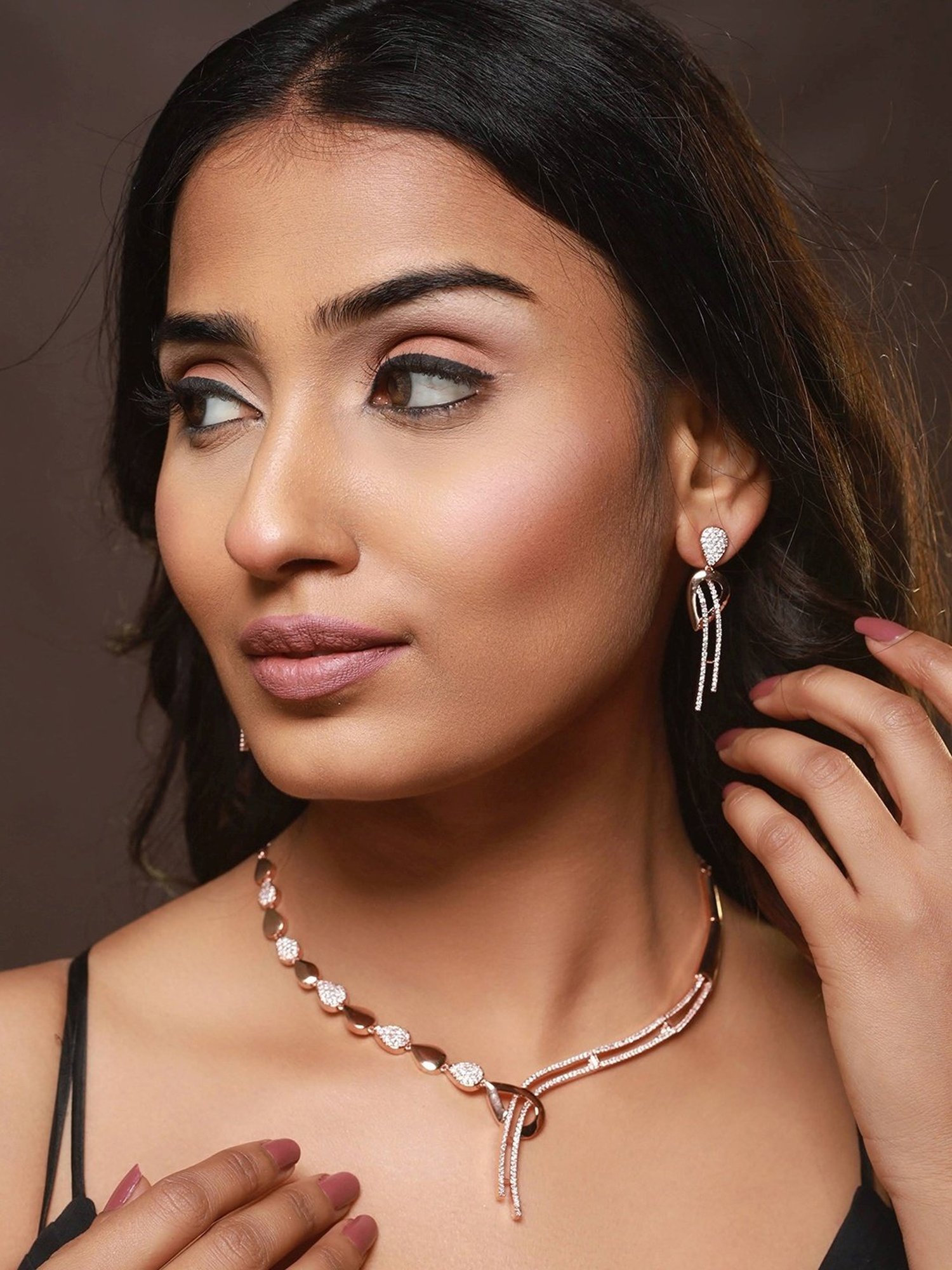Aatmana Rose Gold-Plated Rose Gold CZ Studded Necklace Set