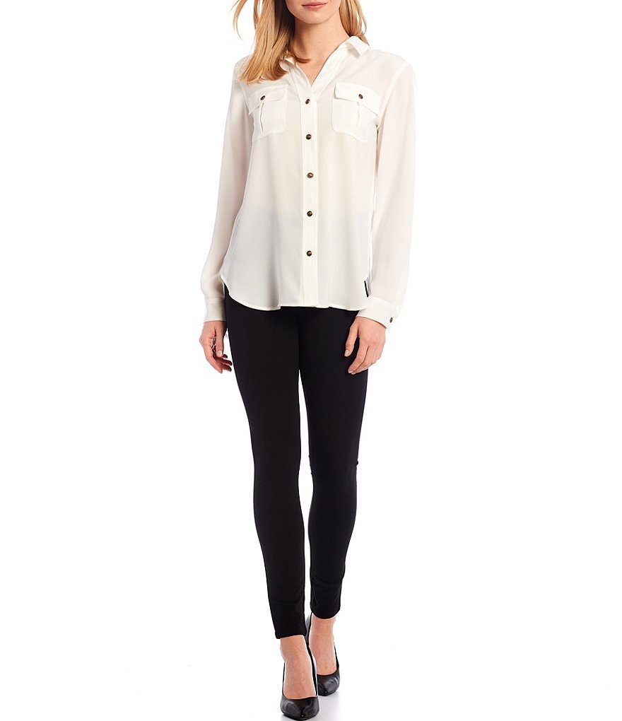 KARL LAGERFELD PARIS Point Collar Neck Long Cuff Sleeve Button Front Double Georgette Pocket Utility Blouse