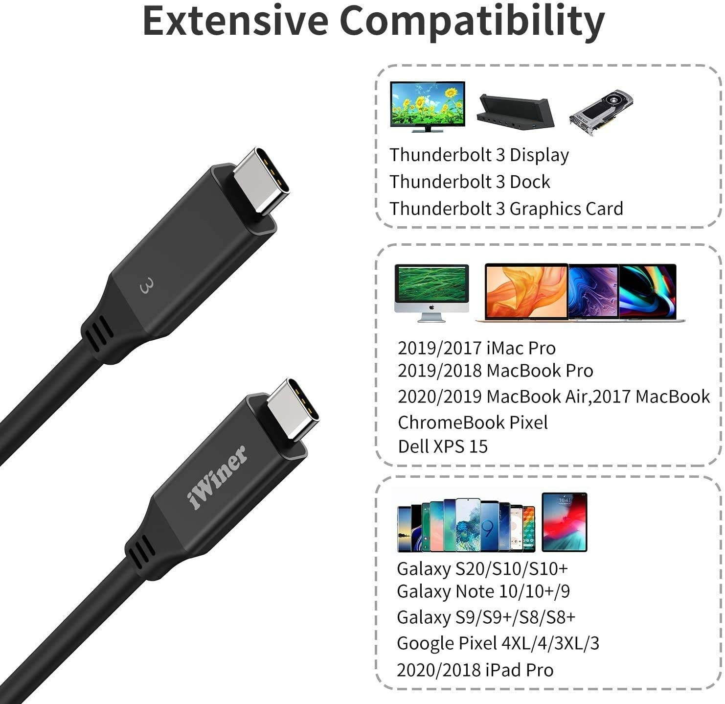 USB C Cable Compatible with Thunderbolt 3 2.3Ft/40Gbps/5K iWiner 100W 20V/5A TB3 Cable Supports Single 5K 60Hz or Dual 4K 60Hz Monitor External SSD eGpu (External Gpu) USB-C Docking Station