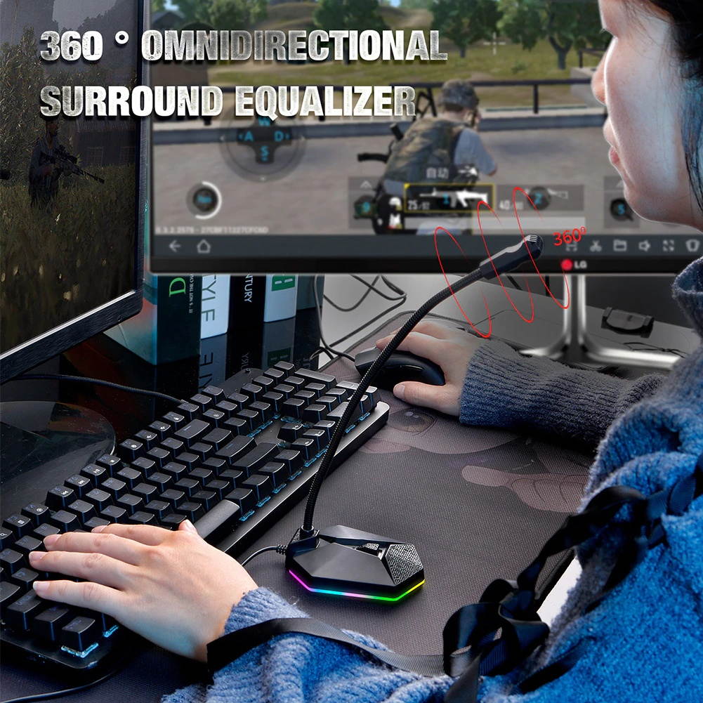 Professional USB Capacitive Microphone Desktop PC Studio Micphone Noise reduction Flexible Mic with RGB Light for Live Streaming