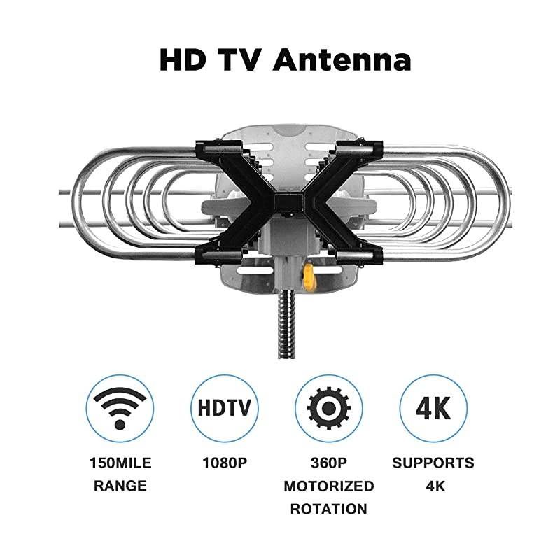 Version Outdoor Amplified Digital HDTV Antenna 150 Mile Motorized 360 Degree Rotation Amplified HD TV Antenna for 2 TVs Support UHFVHF 4K 1080P Channels Wireless