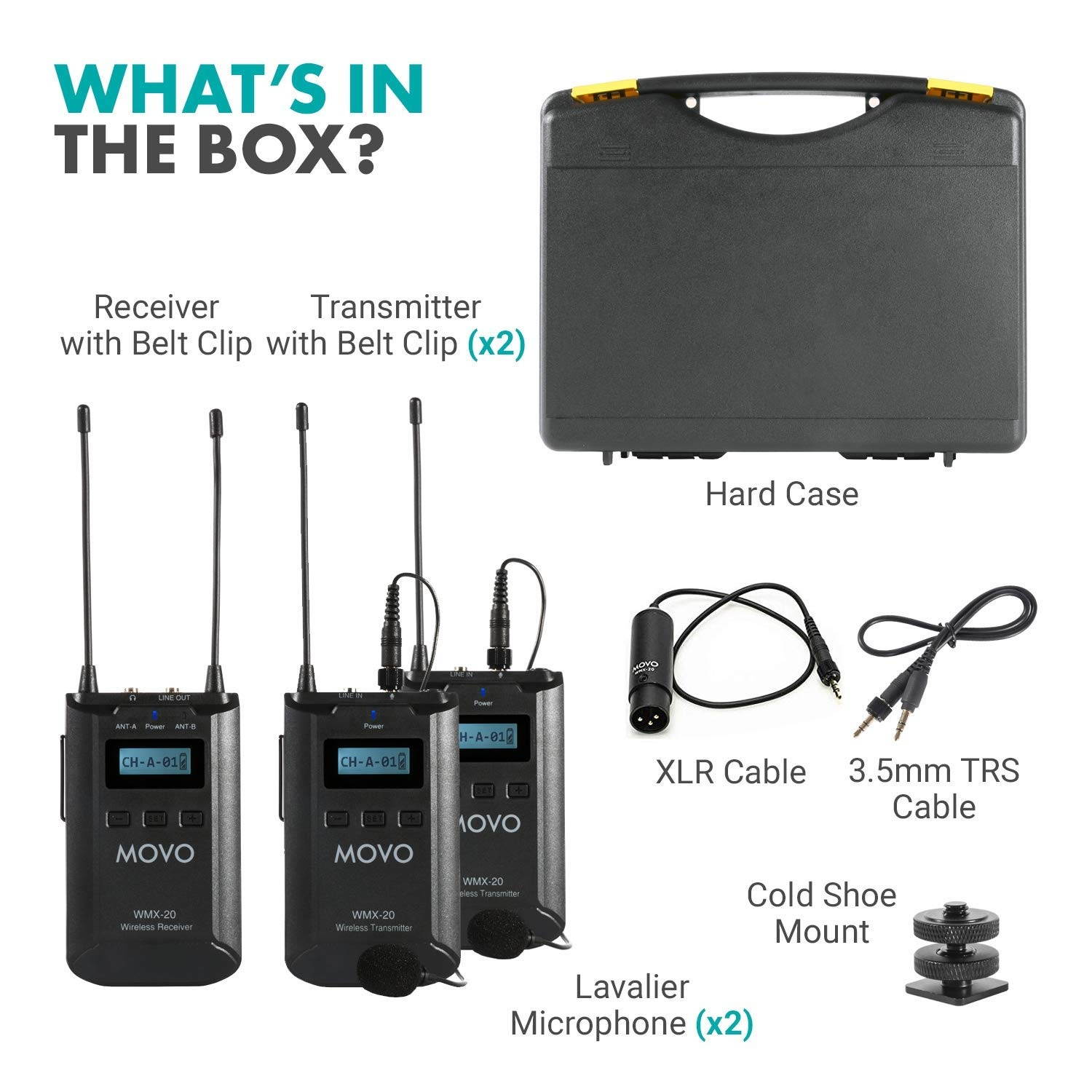 Movo WMX-20-DUO 48-Channel UHF Wireless Lavalier Microphone System with 1 Receiver, 2 Transmitters, and 2 Lapel Microphones Compatible with DSLR Cameras (330 ft Audio Range)
