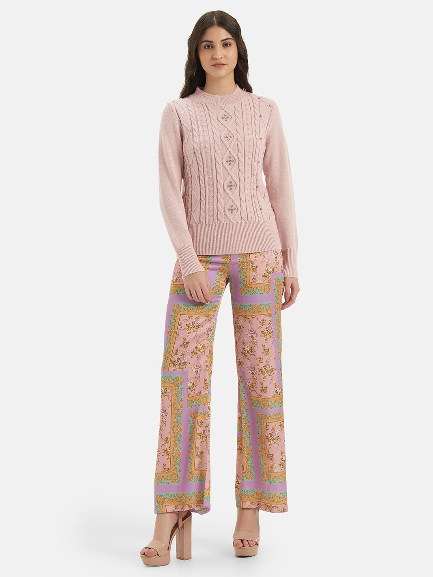 Kazo Light Pink Embellished Cable Knit Pullover