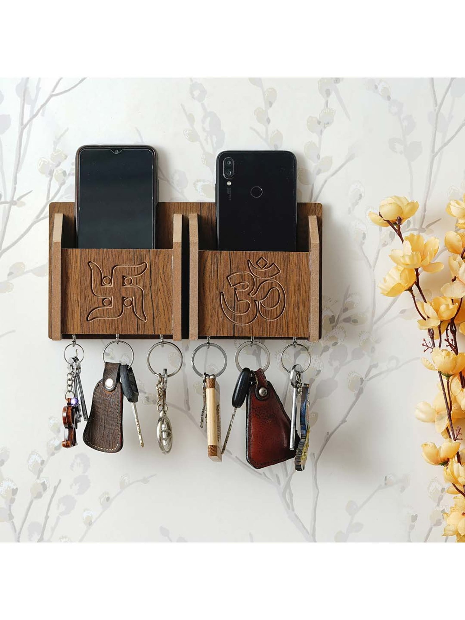 eCraftIndia Brown Wooden 6-in-1 Hook 'Swastik And Om' Keyholder With Shelf