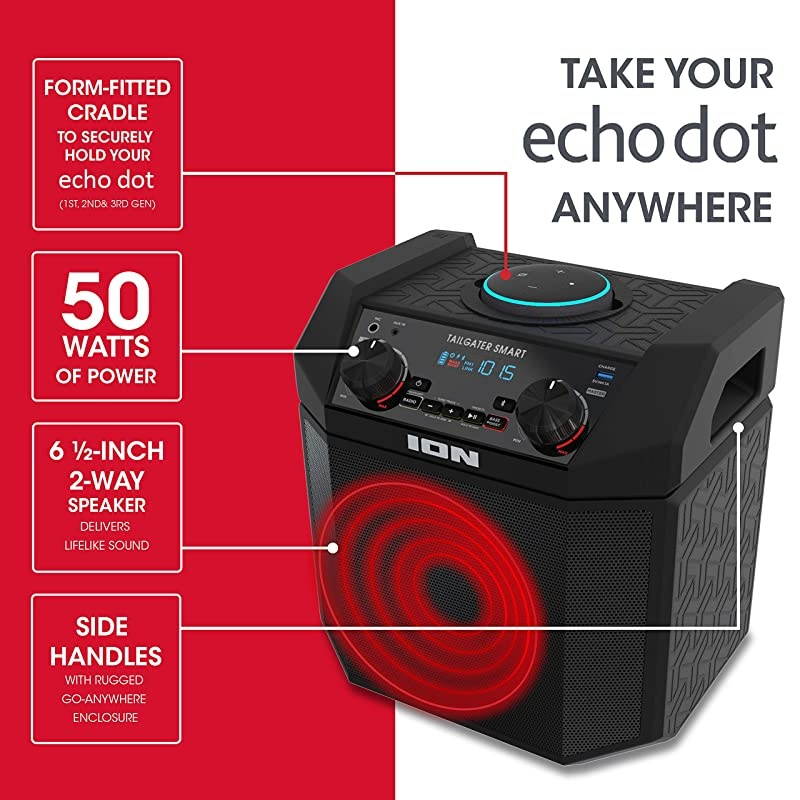 50W Outdoor Echo Dot Speaker Dock/Portable Alexa Accessory with Bluetooth Connectivity and 50 Hour Rechargeable Battery-Tailgater Smart