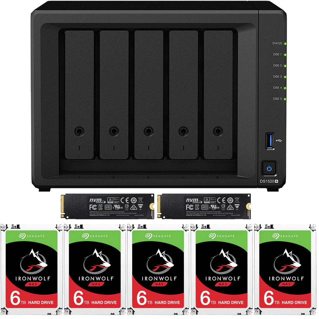 Synology DS1520+ DiskStation with 8GB RAM and 20TB (5 x 4TB) of Seagate Ironwolf NAS Drives and 2TB (2x1TB) NVMe Cache Fully Assembled and Tested By CustomTechSales