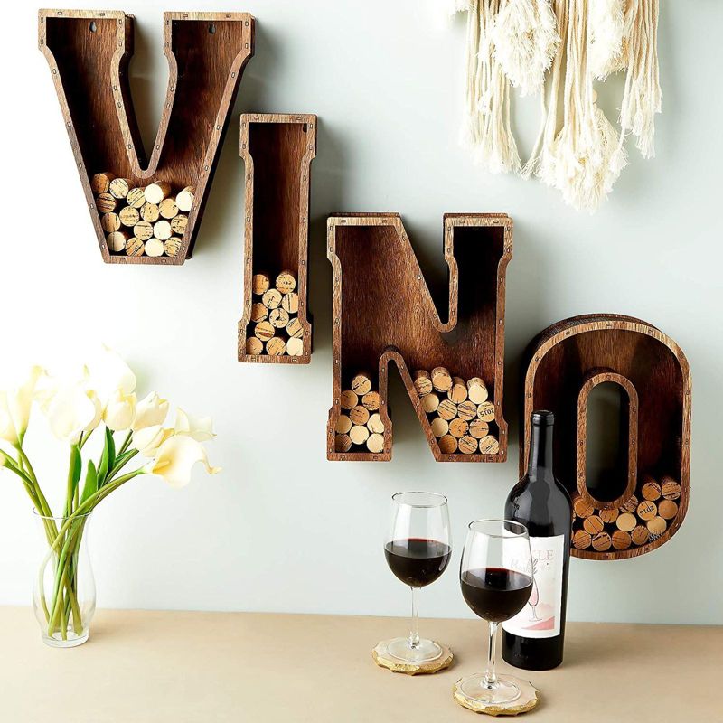 Juvale "VINO" Letters Wine Cork Holder, Brown Wood Home D'ecor, 11.75" tall