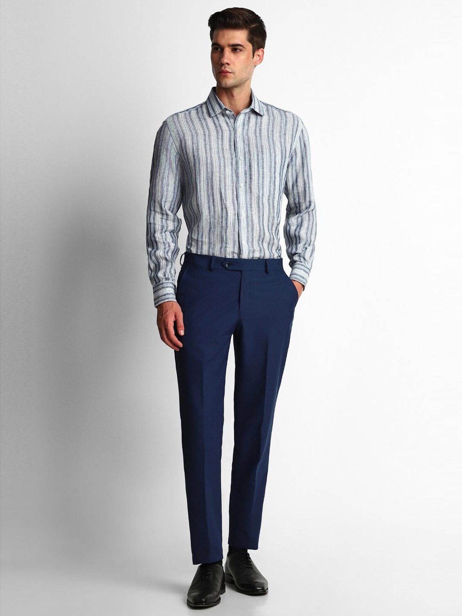 Luxure By Louis Philippe Grey Linen Regular Fit Striped Shirt