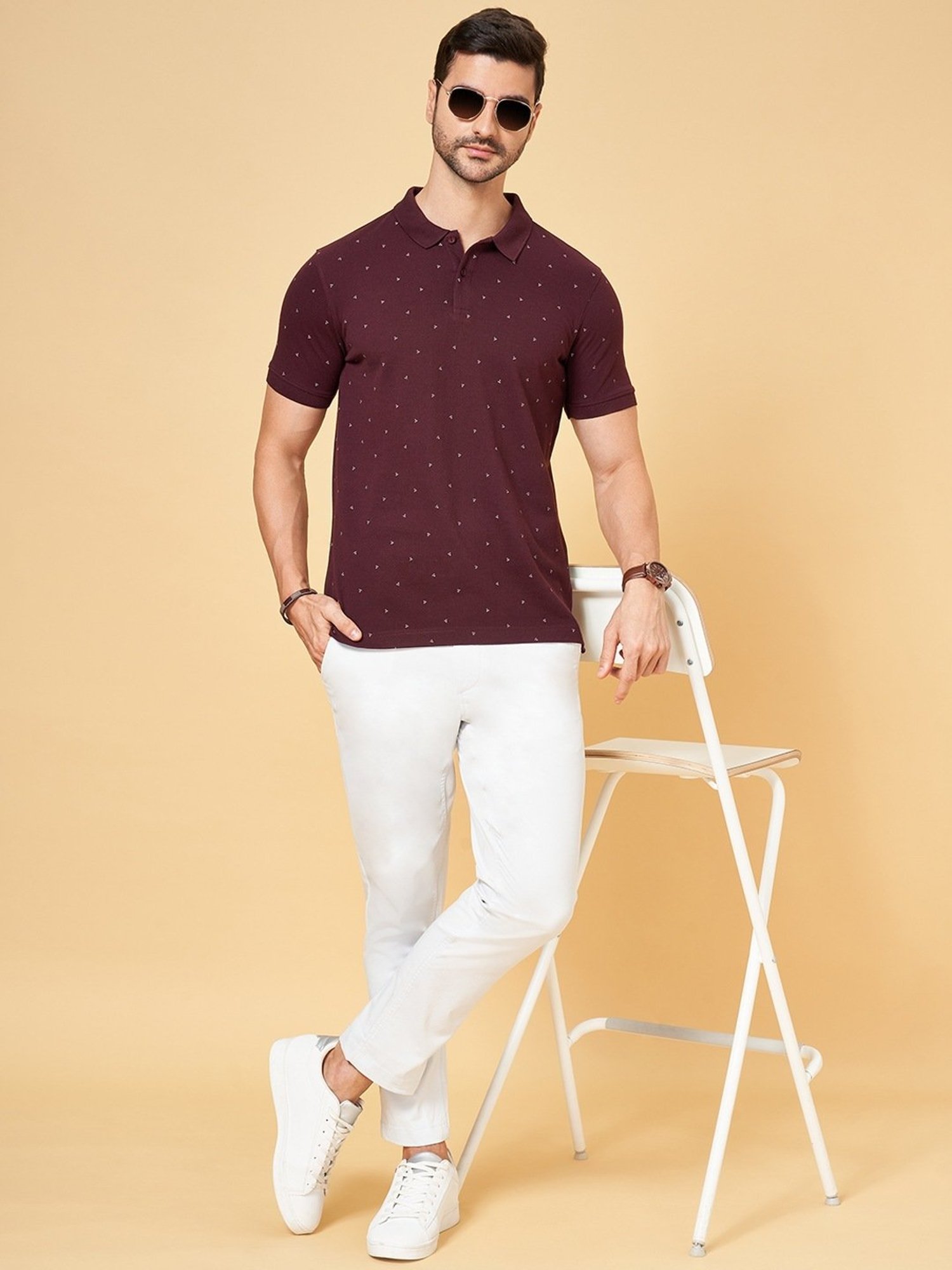 Byford by Pantaloons Wine Slim Fit Printed Polo T-Shirt