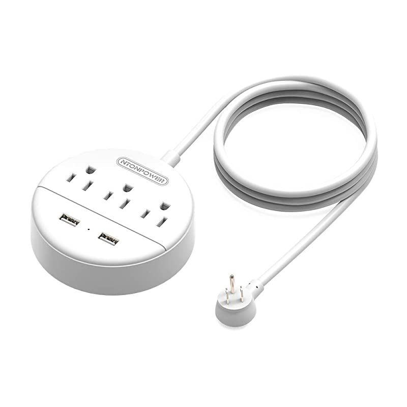 9.8 ft Long Extension Cord,  Travel Power Strip Flat Plug, 3 Outlet 2 USB Desktop Charging Station Wall Mount for Home Office, Dorm Room and Cruise Ship, White
