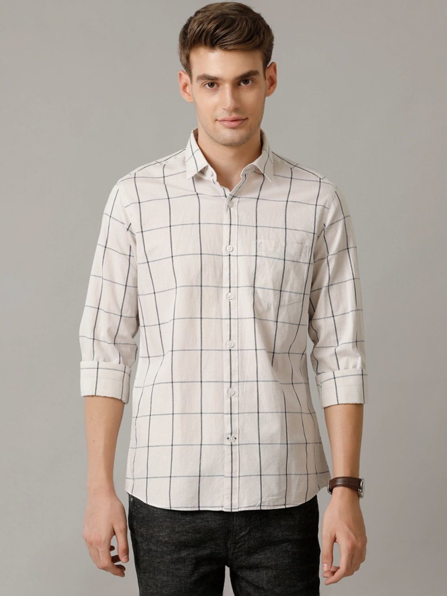 Cavallo By Linen Club Natural Linen Contemporary Fit Checks Shirt