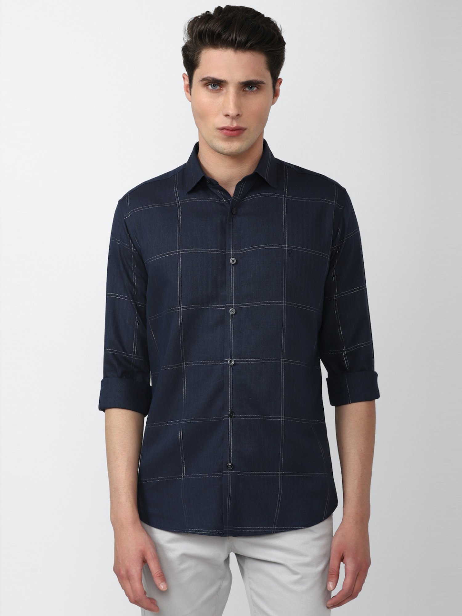 V Dot Navy Cotton Slim Fit Checks Shirt