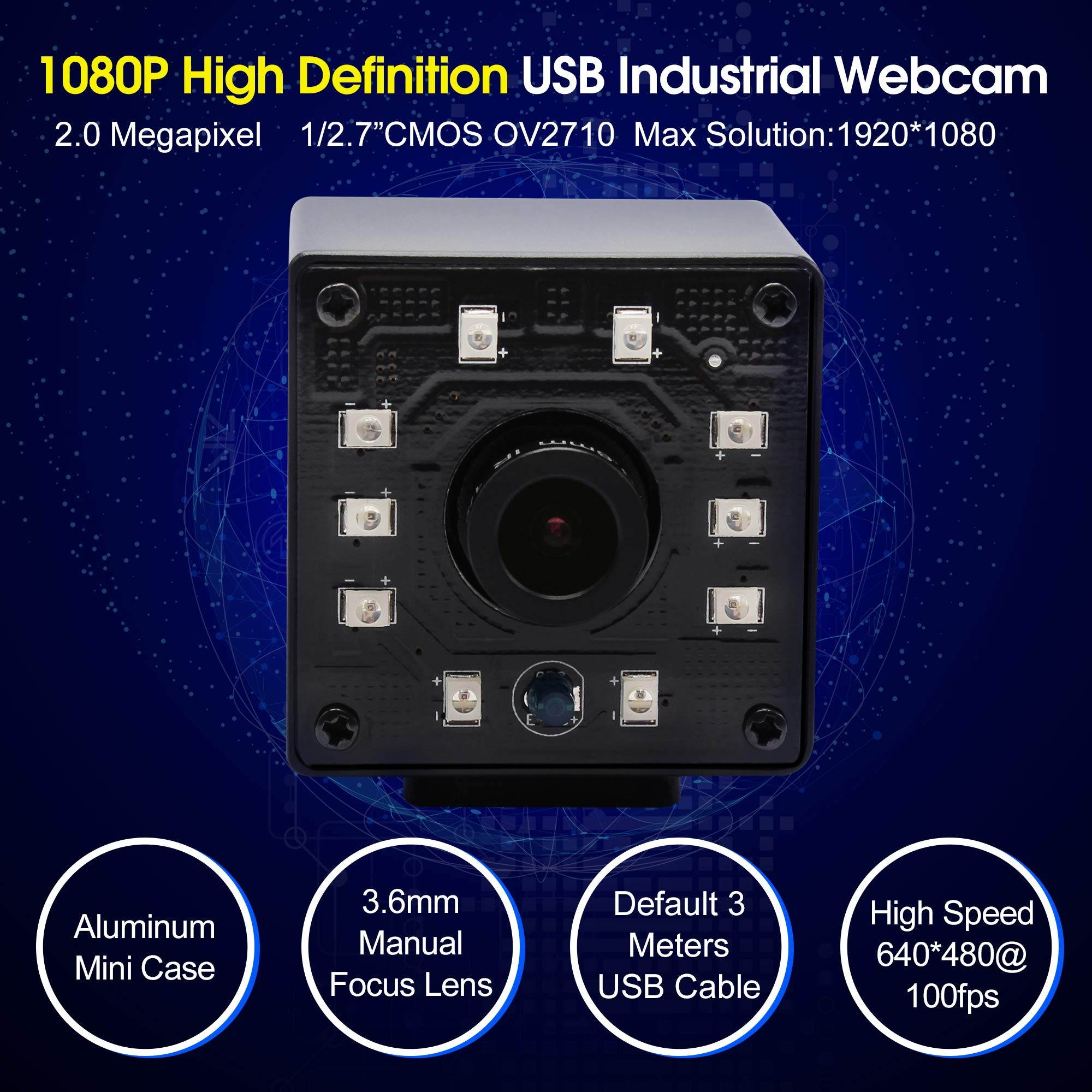 100fps Night Vision USB Camera 1/2.7" CMOS OV2710 Web Cam Full HD 1080P USB with Camera Mini Infrared USB2.0 Webcam with IR Cut and 10pcs Led Board,Webcamera with 3.6mm Lens for Android Windows
