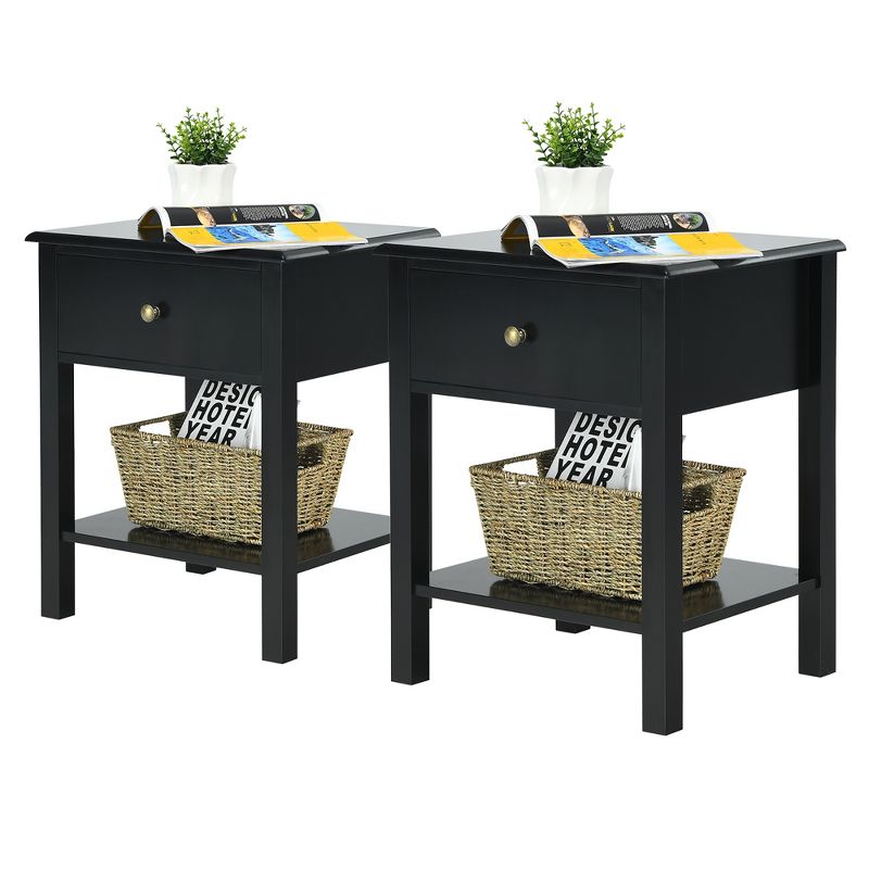 Costway 2PCS Nightstand  Drawer Shelf Storage Display Black