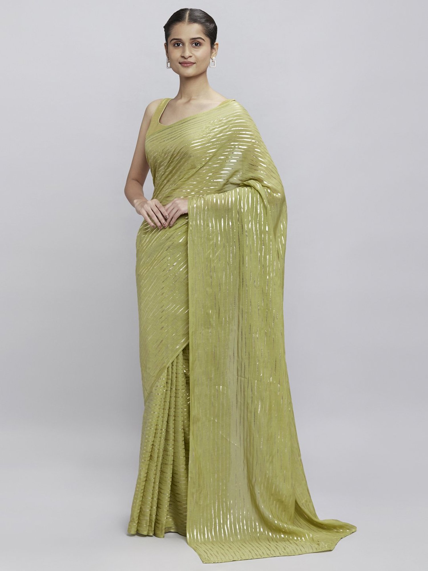 Navyasa Olive Liva Lite Pastel Foil Saree With Coordinated Unstitched Blouse Piece