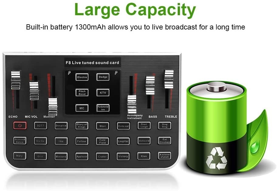 F8 Live Sound Card Voice Changer, Portable Mobile Phone Computer Live Broadcast Karaoke With 4 Variants Tones, 23 Special Effects and 12 Kinds of Electronic Sound Mixers Sound Card Live