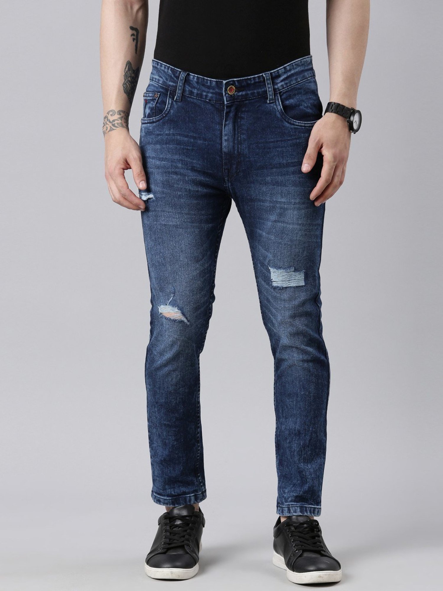 CINOCCI Denim Blue Cotton Slim Fit Distressed Jeans