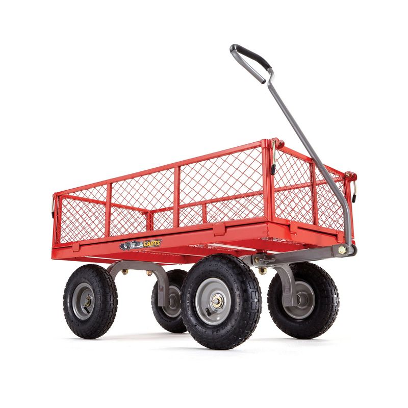 Gorilla Cart 800 Pound Capacity Heavy Duty Durable Steel Mesh Convertible Flatbed Garden Outdoor Hauling Utility Wagon Cart, Red