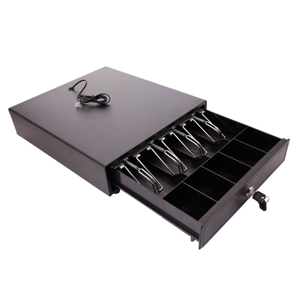 Black Cash Drawer 4Bill & 5Coin Stainless Steel Cash Box + RJ11 Cable for Shop