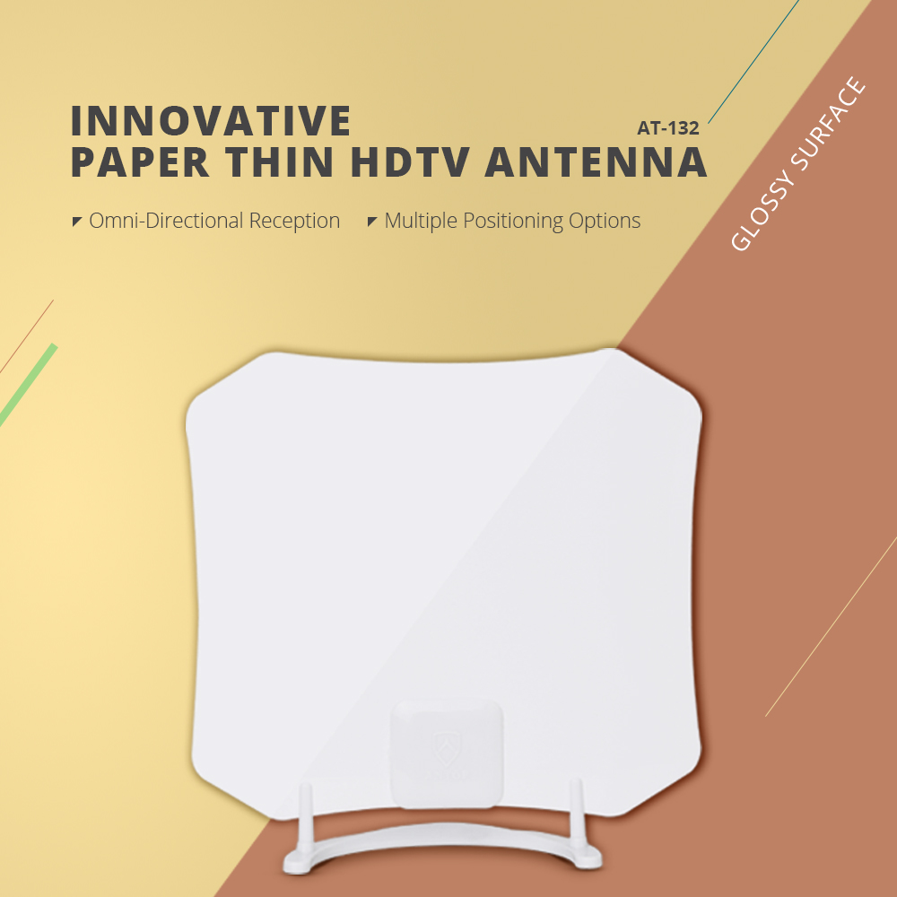 Antop AT-132 Indoor TV Antenna - 30 Mile - Super Slim 0.02" - Piano White - Table Stand - 10ft Cable - 4K UHD Ready