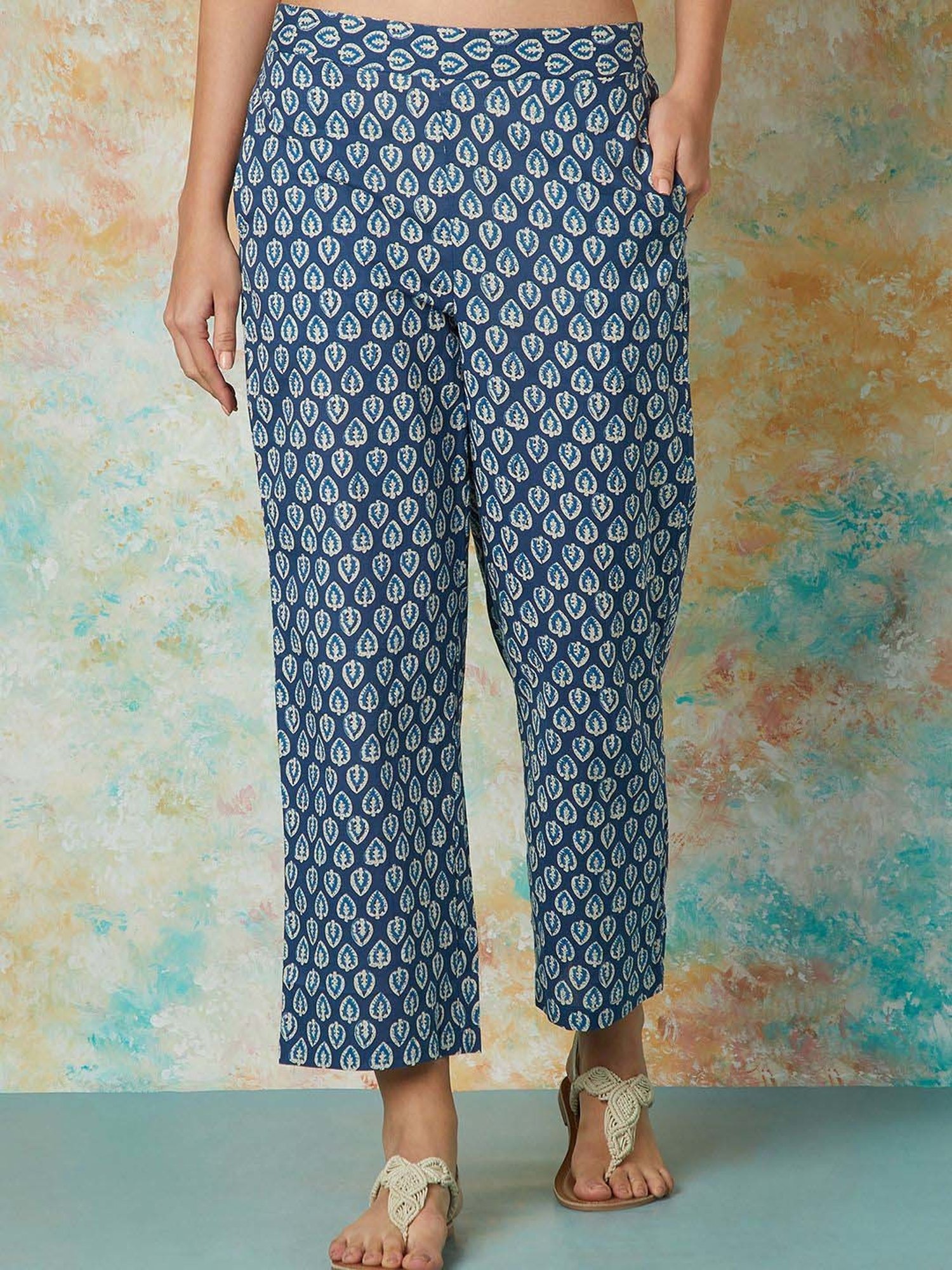 Melange by Lifestyle Blue Cotton Printed Kurta & Pant Set