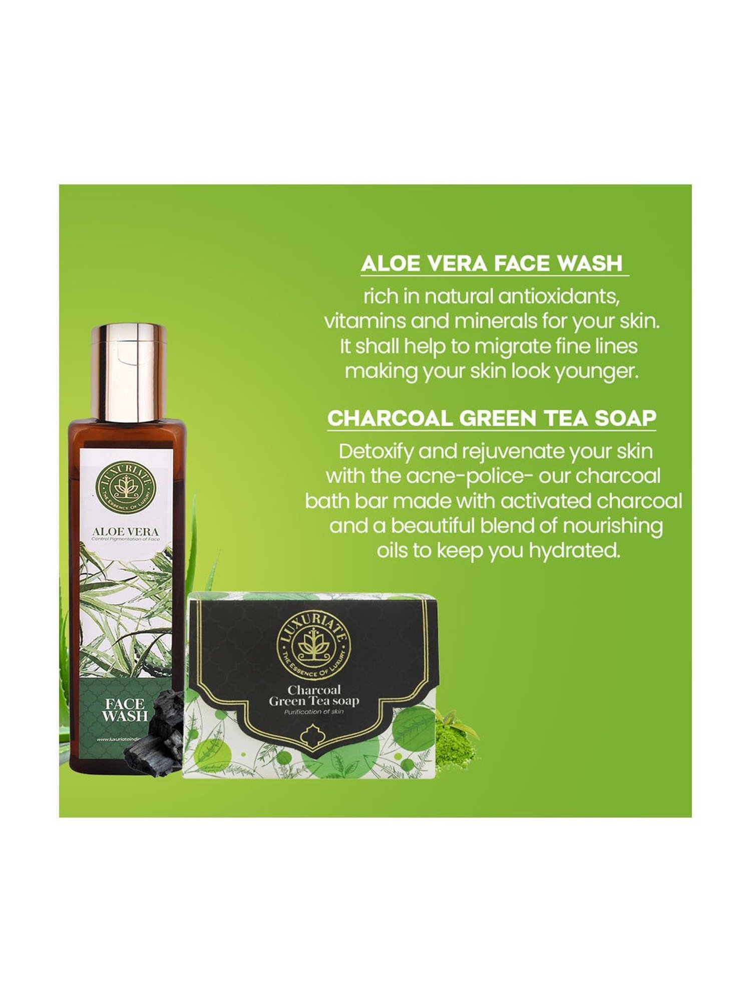 Luxuriate Charcoal Green Tea Soap and Herbal Aloe Vera Face Wash Combo
