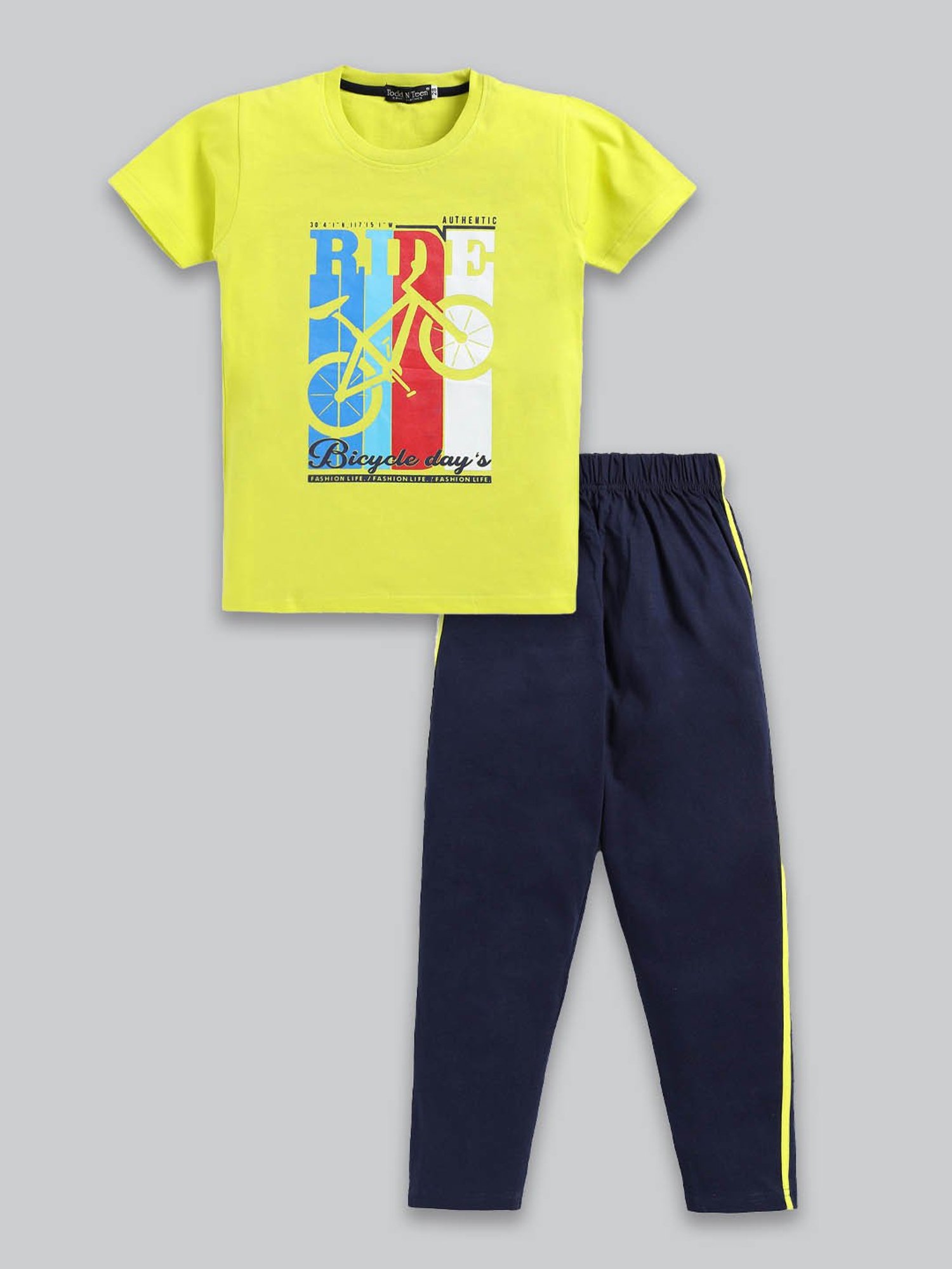 Todd N Teen Kids Yellow & Navy Printed T-Shirt with Trackpants