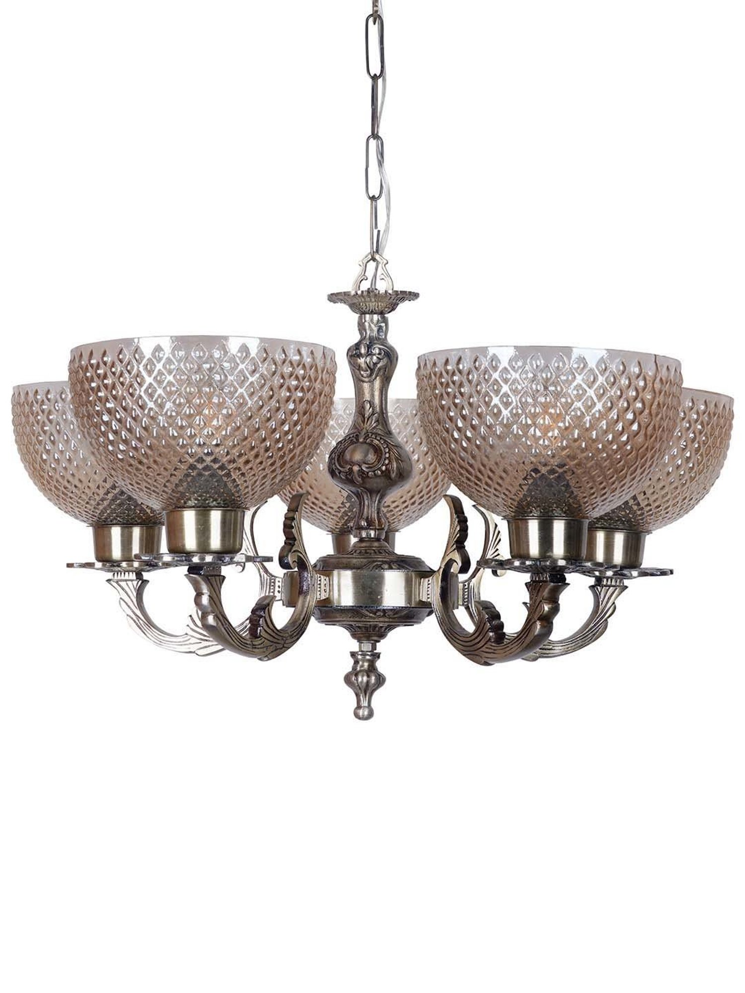 FOS LIGHTING Classic Meena Golden Aluminium 5-In-1 Glass Chandelier
