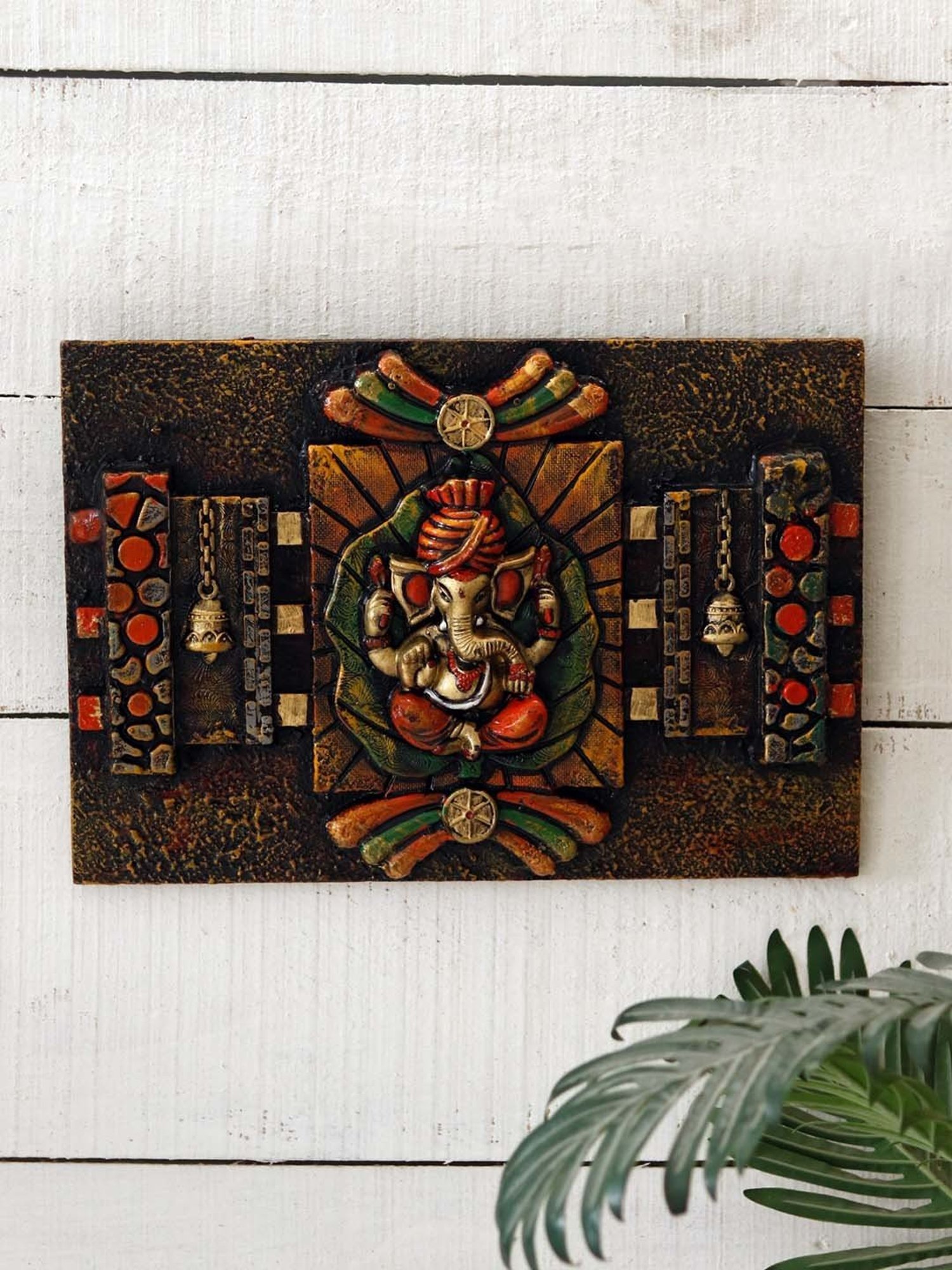 Unravel India 'Meditating Ganesha' Multicolor Wooden  Wall Showpiece - Set of 1