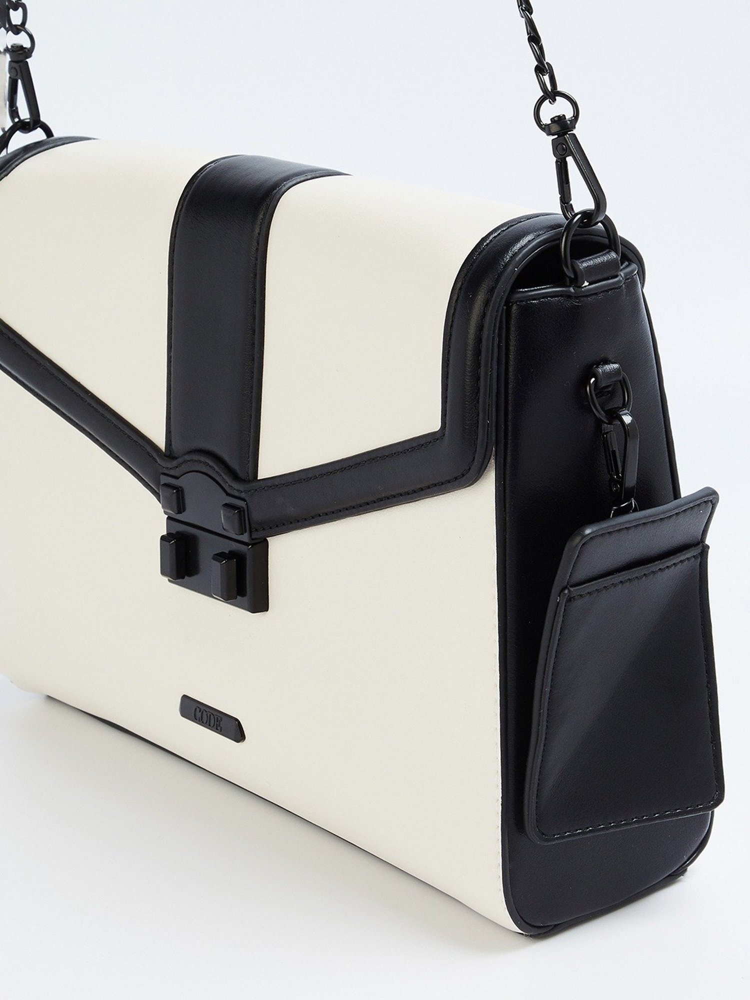 Code by Lifestyle White & Black Textured Sling Handbag