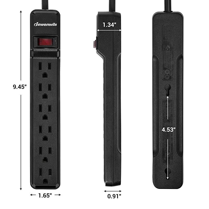 6-Outlet Power Strip Surge Protector, 15FT Long Extension Cord, Low Profile Flat Plug, 15 Amp Circuit Breaker, 500 Joules, Wall Mount, Black, UL Listed