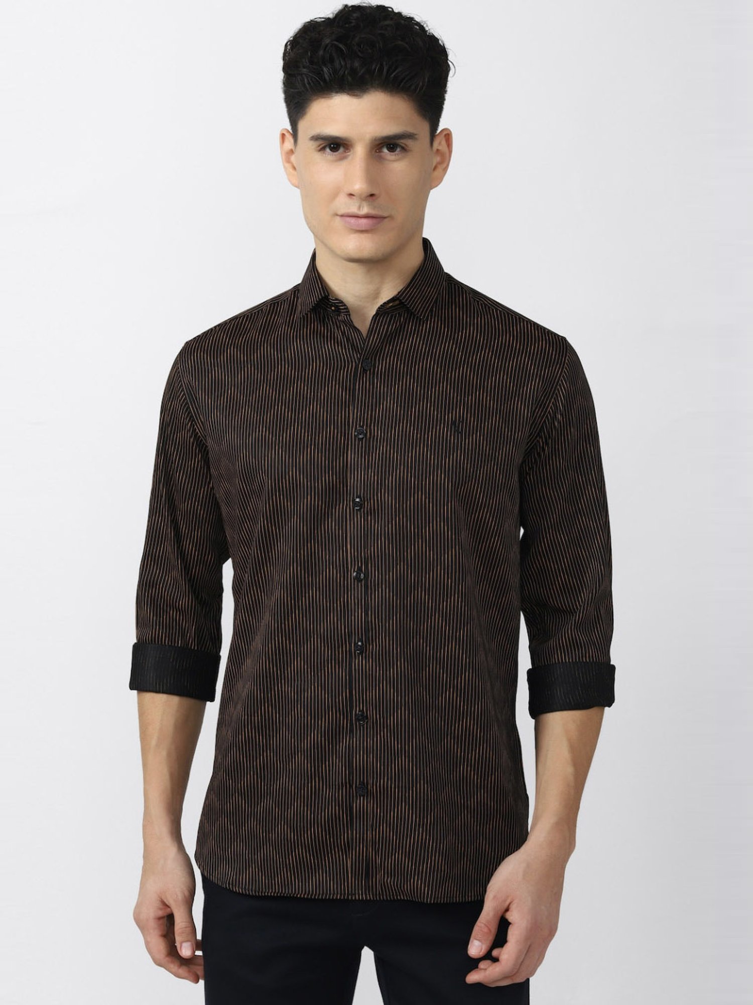 V Dot Brown Slim Fit Self Pattern Shirt