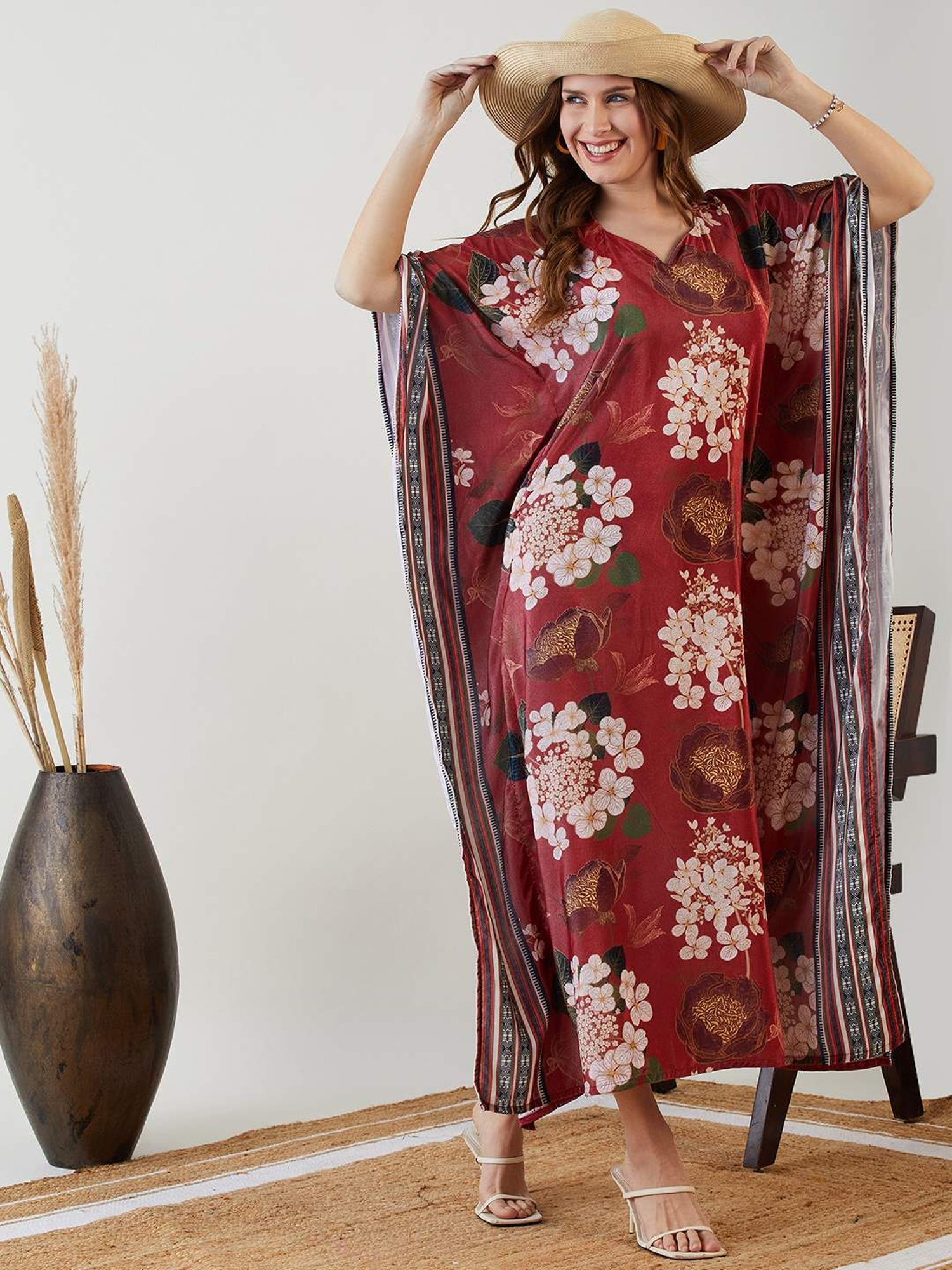 The Kaftan Company Maroon Printed Maxi Kaftan