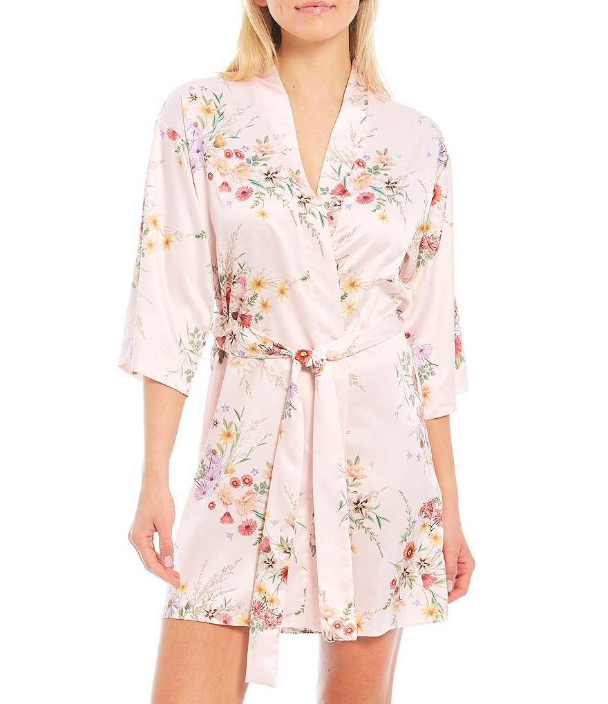 Flora Nikrooz Jolene Floral Print Charmeuse Short Wrap Robe