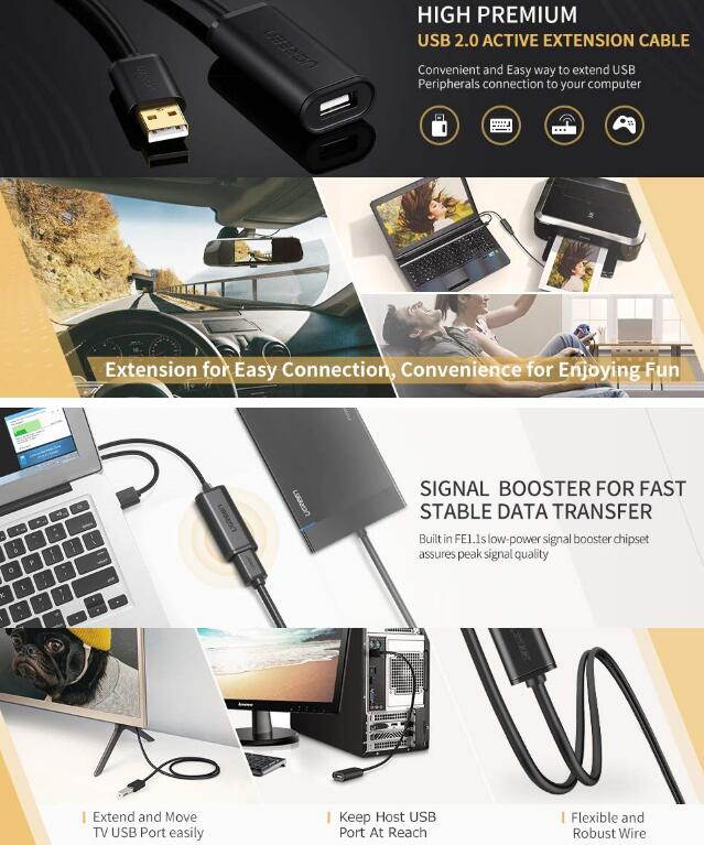 ESTONE USB 2.0 A Male to A Female Active Extension / Repeater Cable use with PlayStation, Xbox, Kinenct, Oculus VR, USB Flash Drive, Card Reader, Hard Drive, Keyboard, Printer, Camera and More 5M/15FT