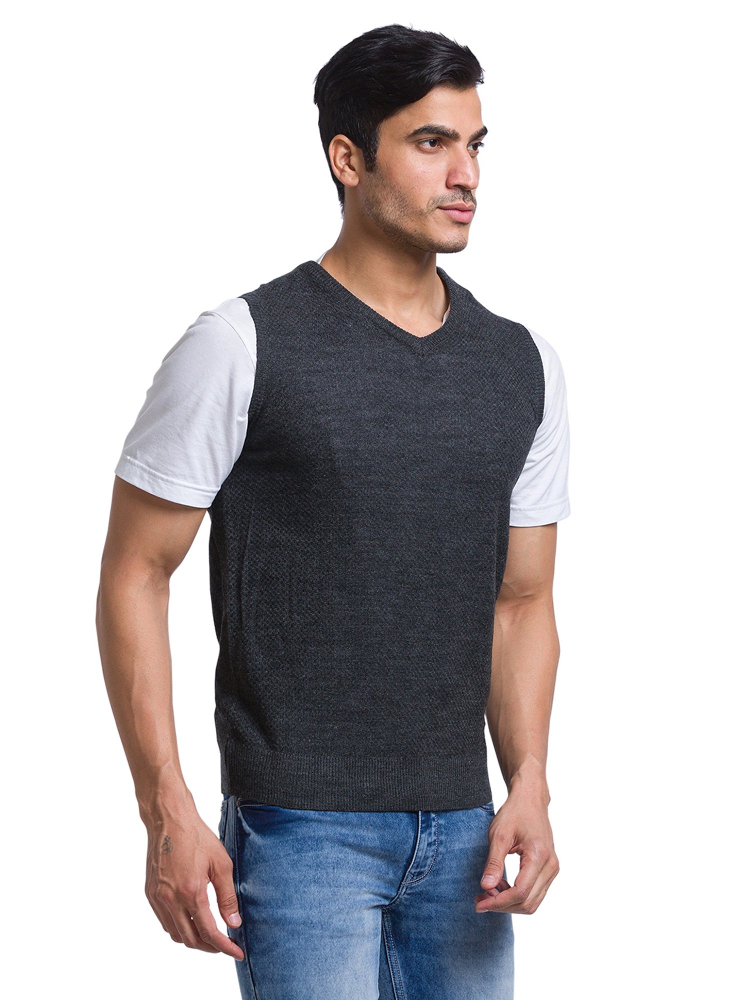 Parx Dark Grey Regular Fit Self Design Sweater