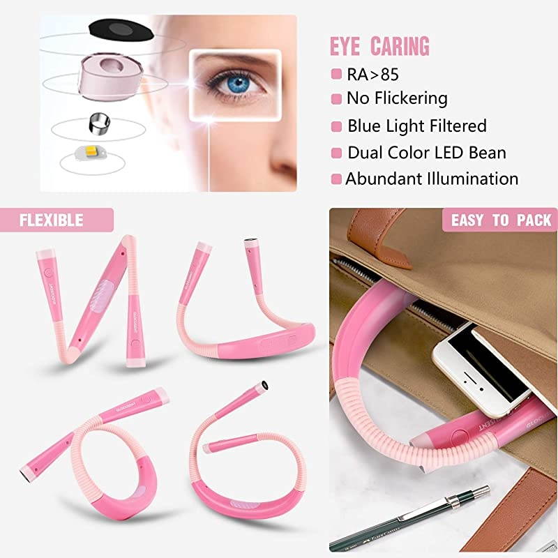 LED Neck Reading Light Book Light for Reading in Bed 3 Colors 6 Brightness Levels Bendable Arms Rechargeable Long Lasting Pink Perfect for Reading Knitting Camping Repairing