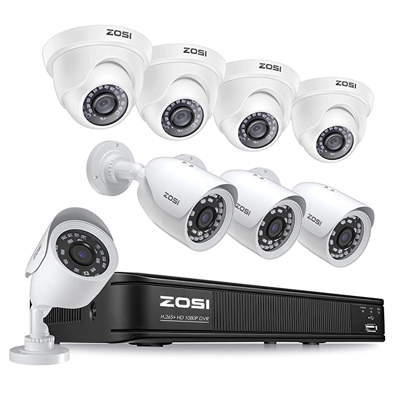 H.265+ 1080p Home Security Camera System Indoor Outdoor, 5MP Lite CCTV DVR 8 Channel and 8 x 1080p Weatherproof Surveillance Bullet Dome Camera, Remote Access, Motion Detection (No Hard Drive)