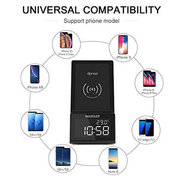 dpnao Alarm Clock with Wireless Charging Dock Stand Bluetooth Speaker Night Light USB Fast Charger Compatible with iPhone 11/11 Pro/11 Pro Max/XR/Xs Max/XS/X/8/8 Plus Galaxy S10/S10 Plus/S10E/S9