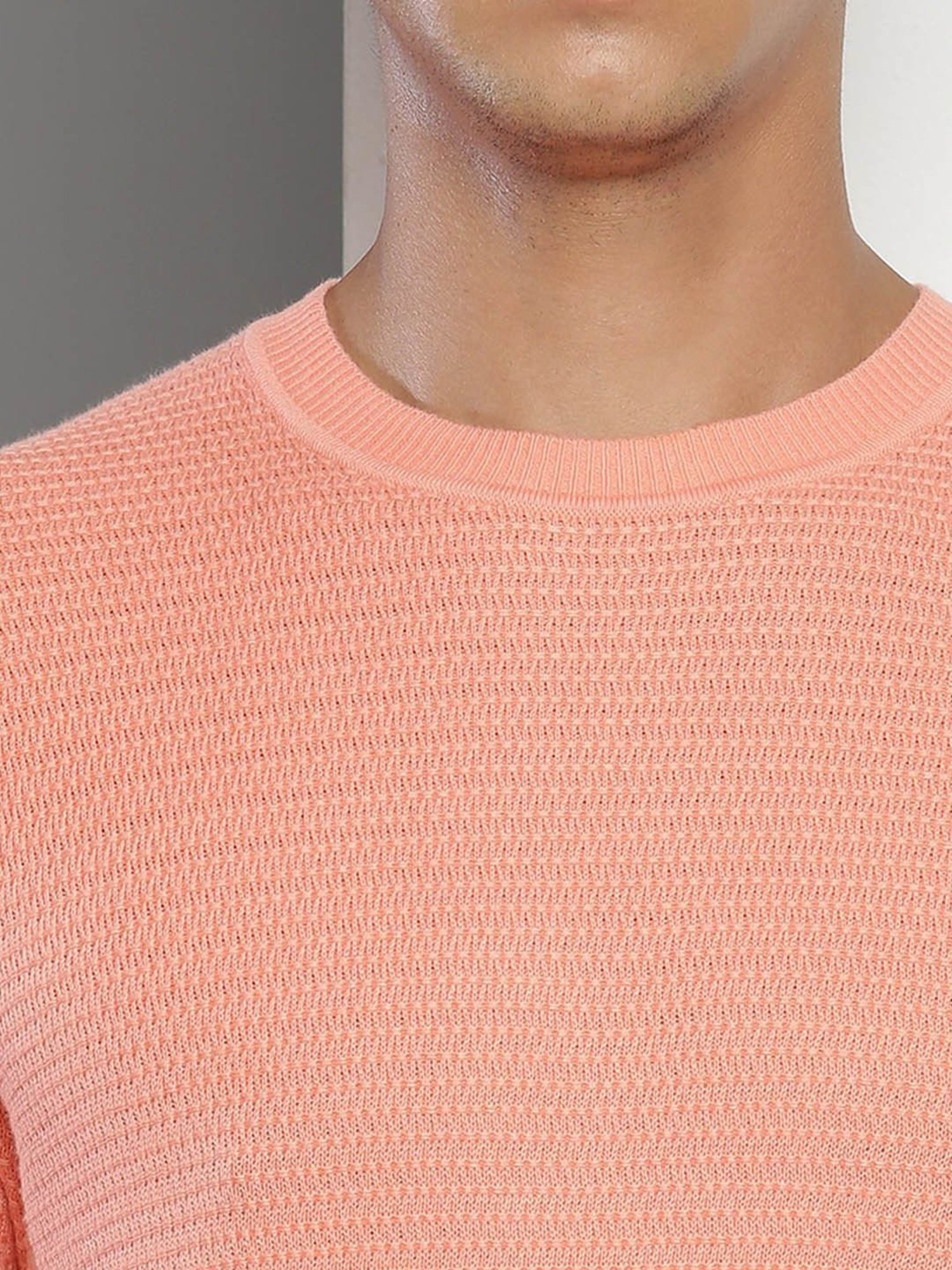 Tommy Hilfiger Peach Cotton Regular Fit Self Pattern Sweater