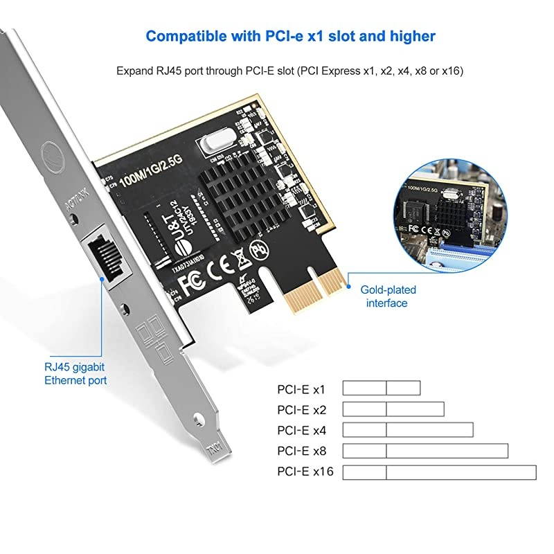 PCIe Network Adapter with 1 Port, 2500/1000/100Mbps PCI Express Gigabit Ethernet Card RJ45 LAN Controller Support Windows Server/Windows/Linux, Standard and Low-Profile Brackets Included