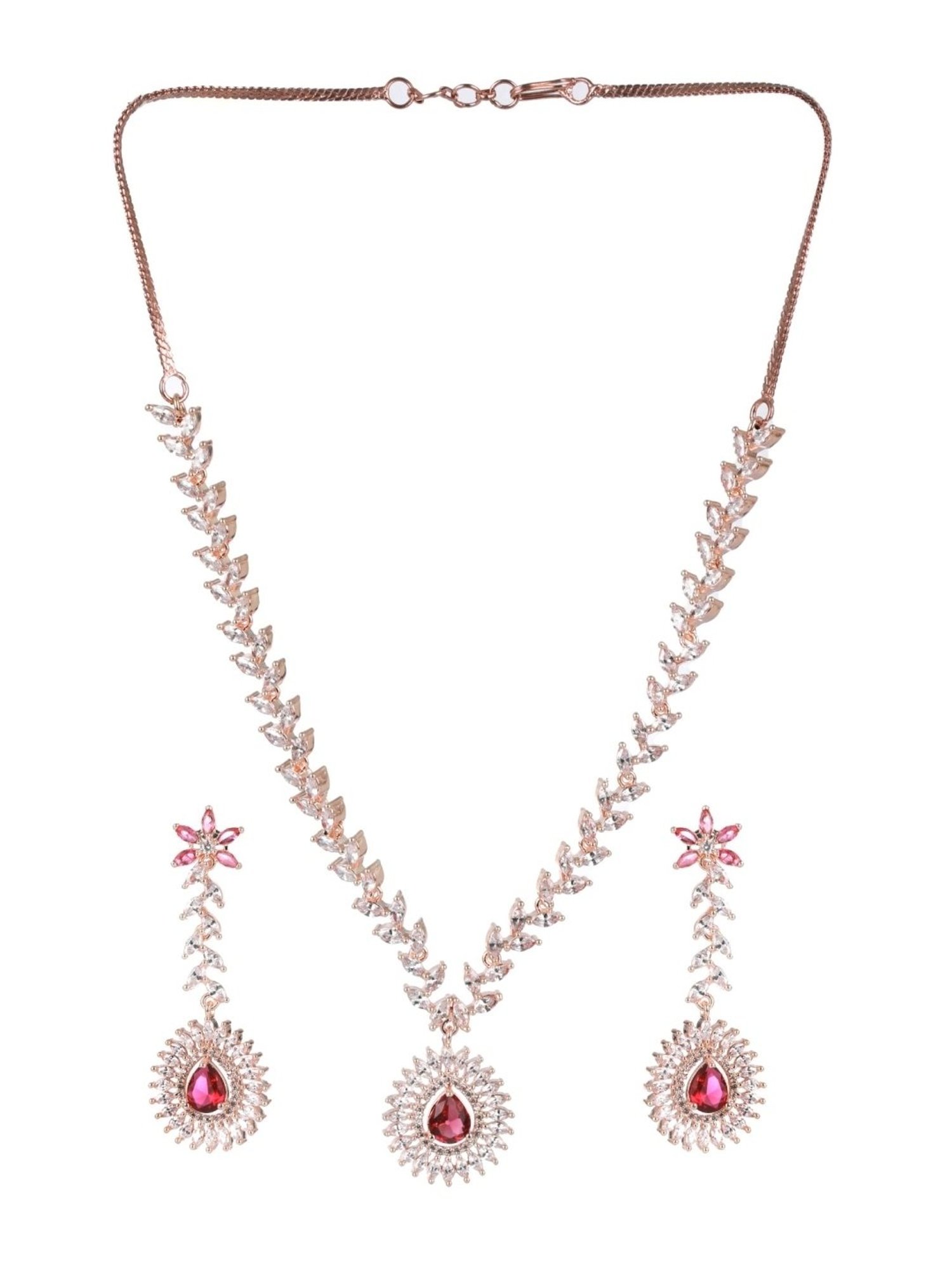 Aatmana Rose Gold-Plated Red & White AD & CZ Studded Handcrafted Necklace Set