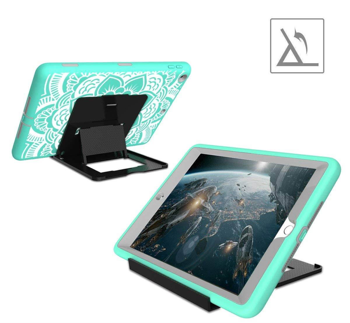 iPad 5th/6th Generation Case, Hocase Heavy Duty Shock Absorbent Rubber+Hard Plastic Dual Layer Protective Case w/ Mandala Floral Print and Kickstand for iPad 9.7 2018/2017 - Mint Green / Gray