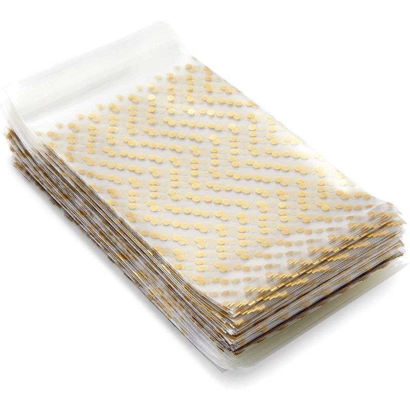 Sparkle and Bash 250 Pack 4 x 6 inches Cellophane Cookie Bags with Thank You Stickers, Gold Polka Dot Pattern
